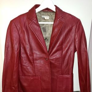 J. Crew red leather blazer.